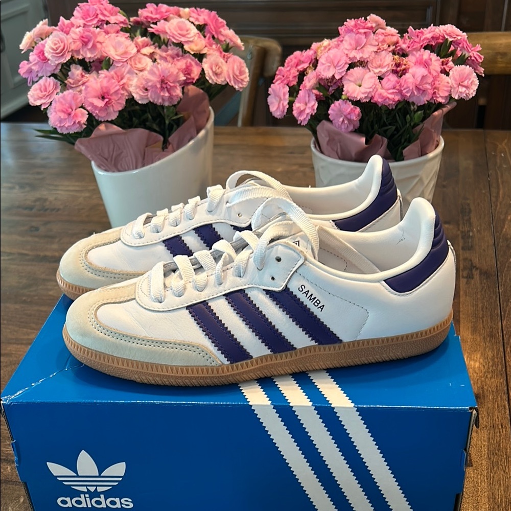 adidas Samba White and Purple Athletic Shoes